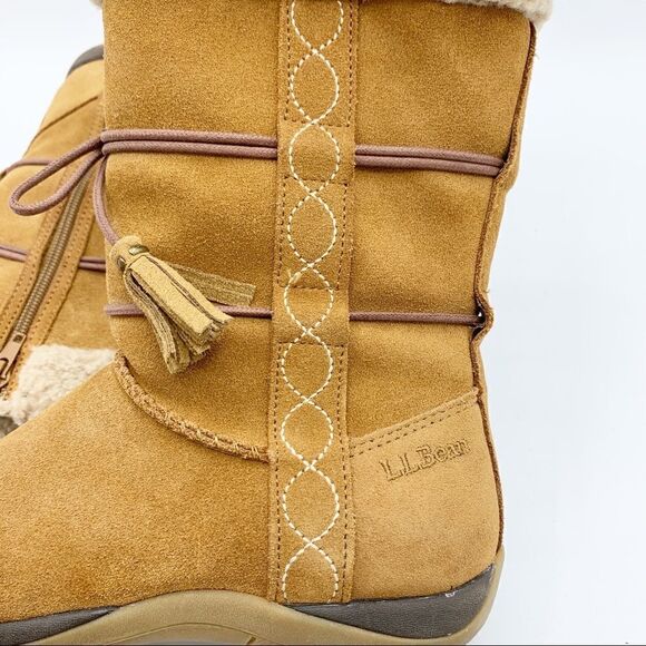 LL Bean Brown Suede Leather Zip Moccasin Winter Fleece Lined‎ Boots Girls - Picture 9 of 12